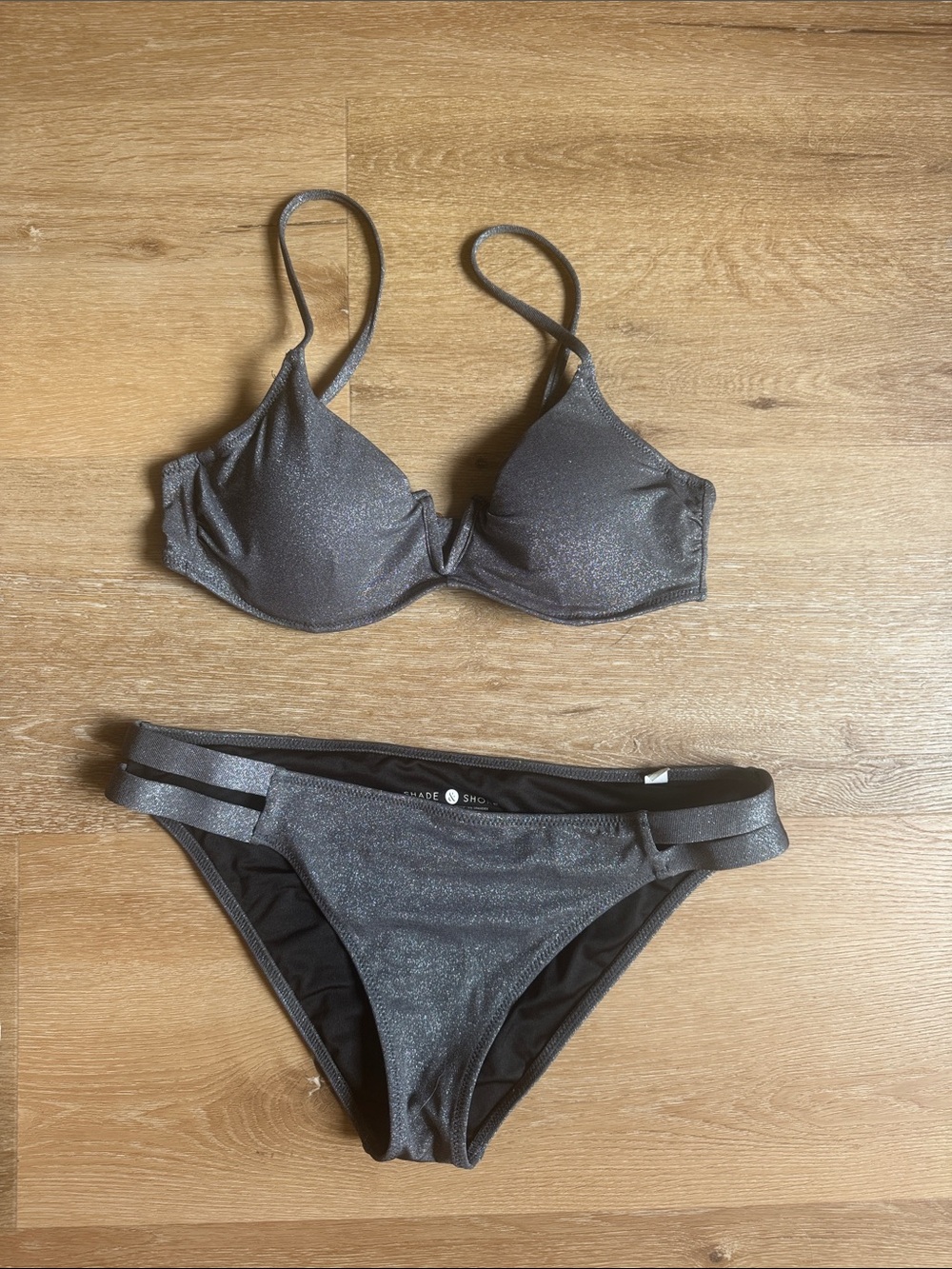 Shade and Shore silver glitter bikini. Medium bottoms. 34B top. Great condition!
